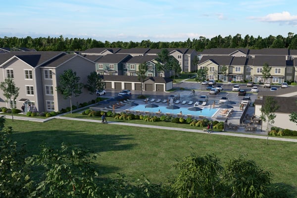 Rendering of the Authentix Lakeville community. Shows apartment buildings with community swimming pool.
